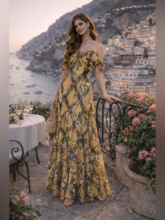PatBO Dresses & Skirts - PatBO Moana Yellow Floral Maxi Dress Off Shoulder Ruffle Size 2